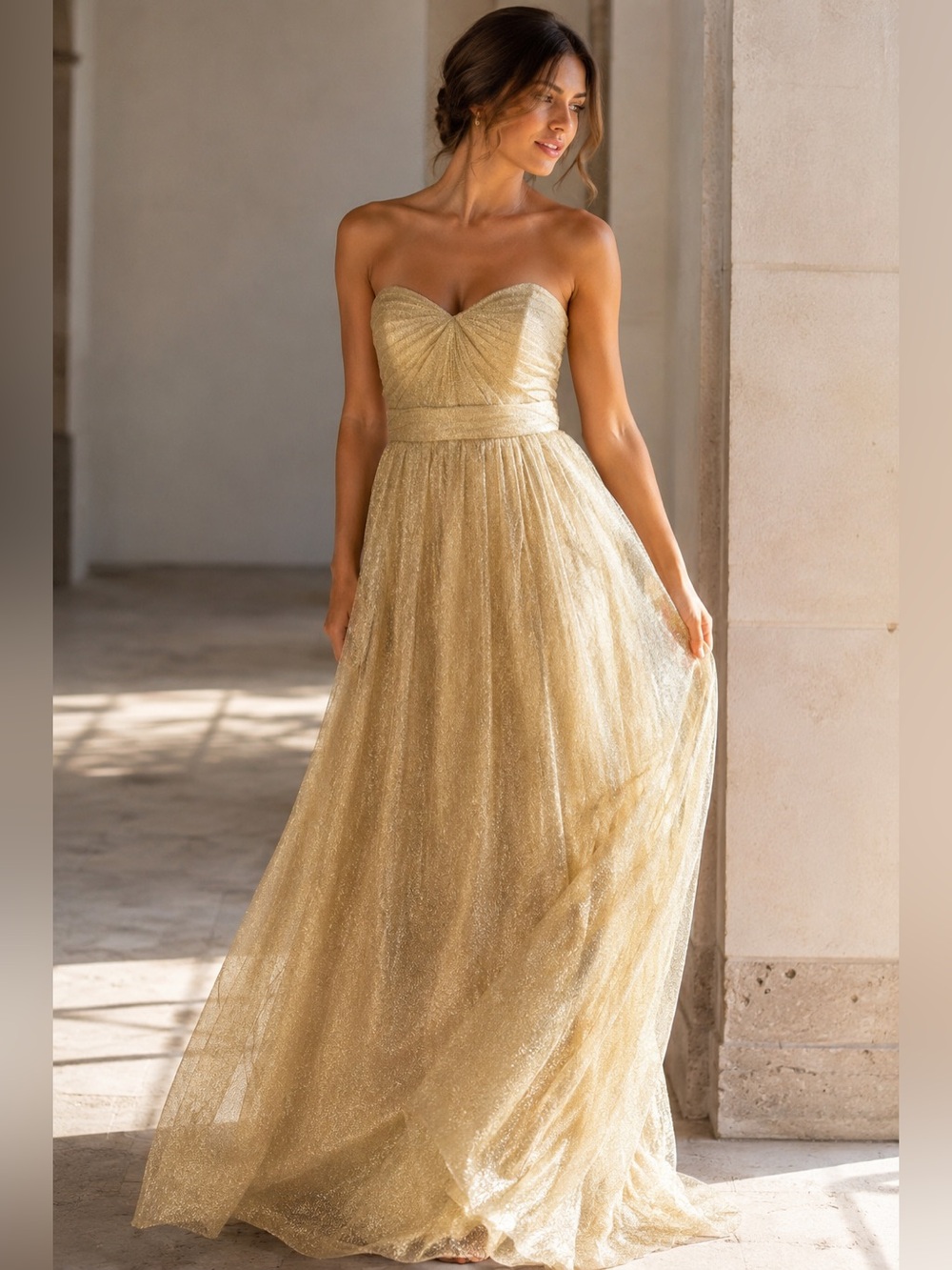 Jenny Yoo Gold Metallic Strapless Sweetheart Gown Size 10 Bridesmaid Formal